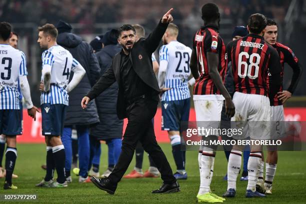 Milan's Italian coach Gennaro Gattuso gestures as he leaves the pitch at the end of the Italian Serie A football match AC Milan vs Spal on December...