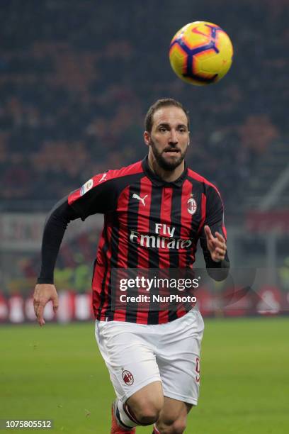 Gonzalo Higuain of AC Milan in action during the serie A match between AC Milan and Spal at Stadio Giuseppe Meazza on December 29, 2018 in Milan,...