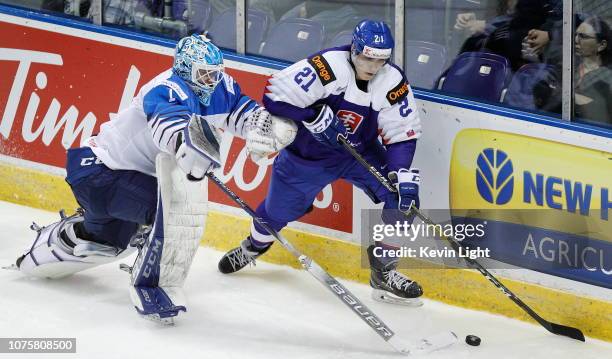 Ukko-Pekka Luukkonen of Finland battles with Adam Ruzicka Slovakia at the IIHF World Junior Championships at the Save-on-Foods Memorial Centre on...