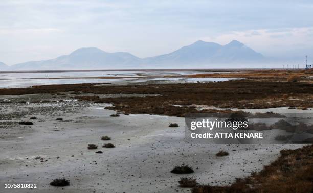 This picture taken on December 8, 2018 shows a general view of Iran's salt lake of Urmia in the country's northwest, which had been shrinking in one...