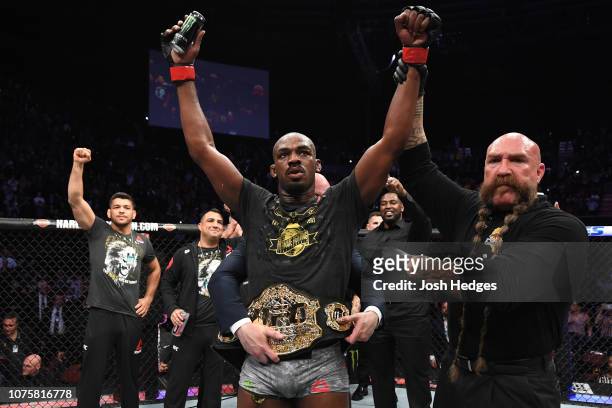 Jon Jones celebrates his KO victory over Alexander Gustafsson of Sweden in their light heavyweight bout during the UFC 232 event inside The Forum on...