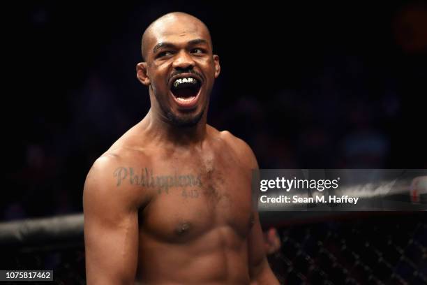 Jon Jones looks on during a Light Heavyweight titlebout against Alexander Gustafsson of Sweden during the UFC 232 event inside The Forum on December...