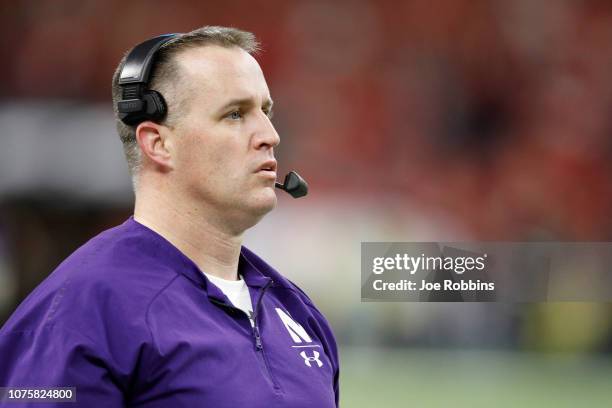 Head coach Pat Fitzgerald of the Northwestern Wildcats on the sidelines in the game against the Ohio State Buckeyes in the third quarter at Lucas Oil...