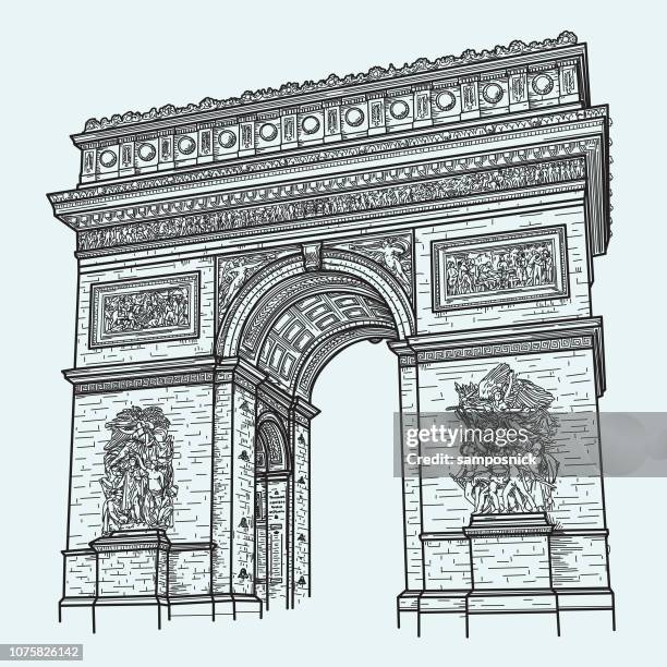 high detail arc de triomphe, paris - arc de triomphe stock illustrations