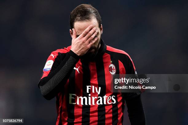 Gonzalo Higuain of AC Milan looks dejected during the Serie A football match between AC Milan and SPAL. AC Milan won 2-1 over SPAL.