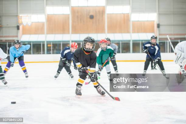 kinderen spelen hockey - ijshockeyer stockfoto's en -beelden