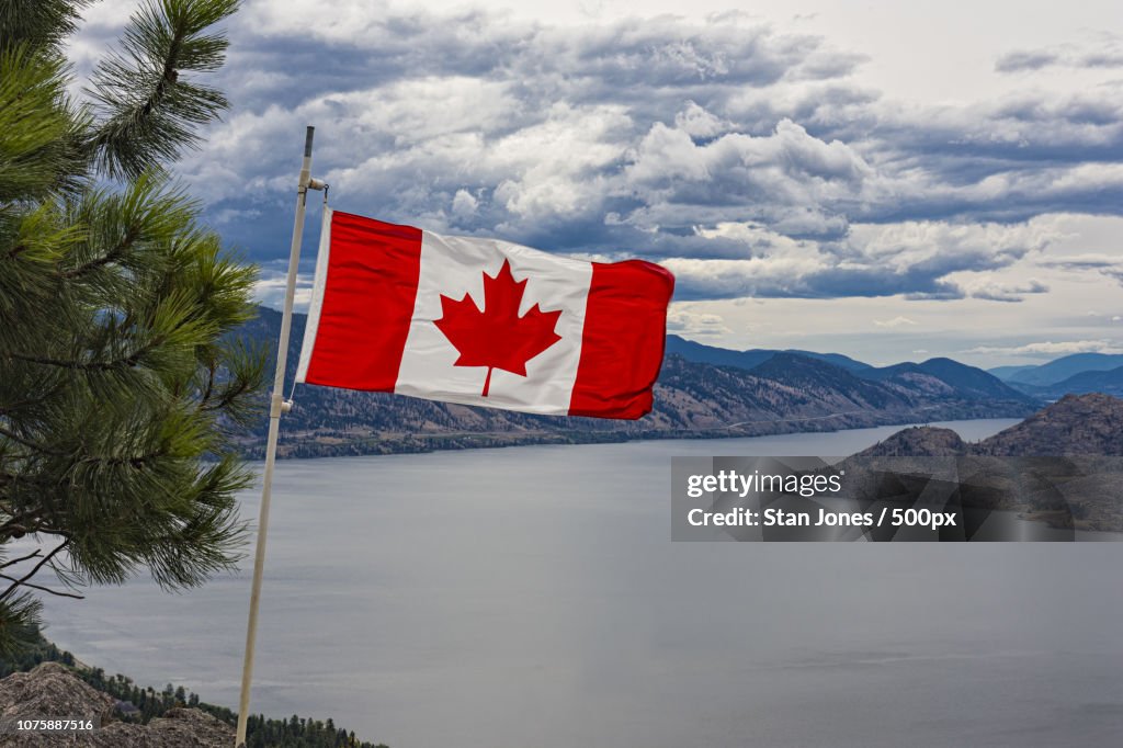 Canadian Flag over Okanagan Lake near Peachland British Columbia Canada