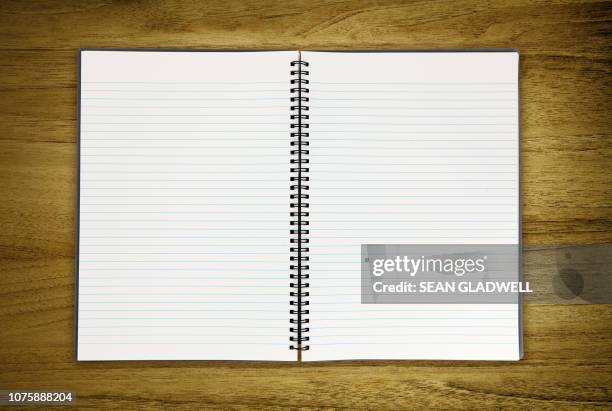 blank notepad on desk - blank pages in open book overhead view stock pictures, royalty-free photos & images