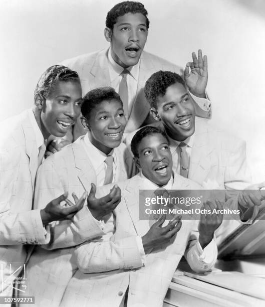 Clockwise from left: Ricky Edwards, Jimmy Keyes, Floyd 'Buddy' McRae, Claude Feaster and Carl Feaster of the doo wop group "The Chords" who had a hit...