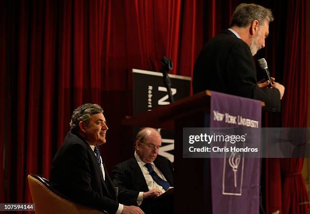 Gordon Brown, former Prime Minister of the United Kingdom , looks on as New York University President John Sexton introduces him while veteran...