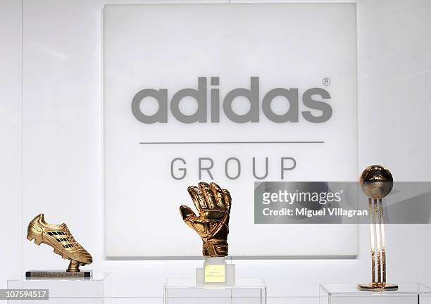 The adidas Golden Boot, the adidas Golden Glove and the adidas Golden Ball are pictured during the FIFA 2010 World Cup adidas Golden Award ceremony...