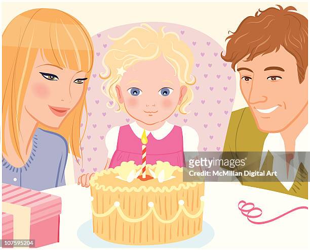 illustrations, cliparts, dessins animés et icônes de parents watching daughter blow out candle on cake - portrait famille cool