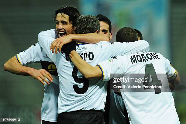 Hernan Crespo of Parma FC celebrates with his team mates after scoring during the Tim cup match between Parma FC and ACF Fiorentina at Stadio Ennio...