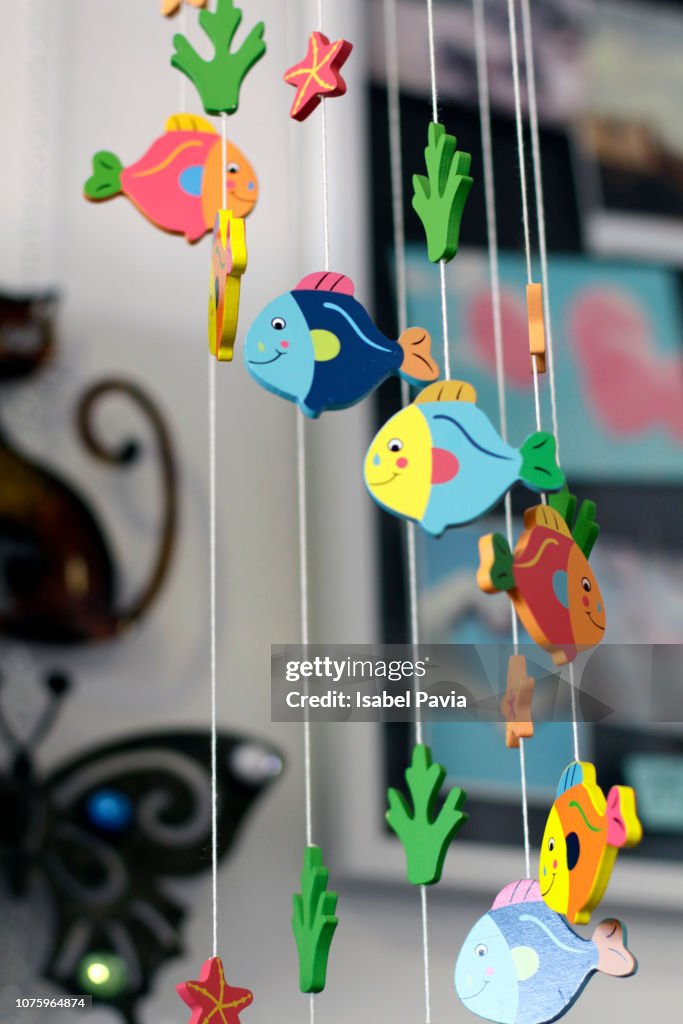 Hanging Mobile of Wooden Fishes