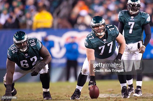 Mike McGlynn and Max Jean-Gilles of the Philadelphia Eagles line up at the line of scrimmage during the game against the Houston Texans at Lincoln...