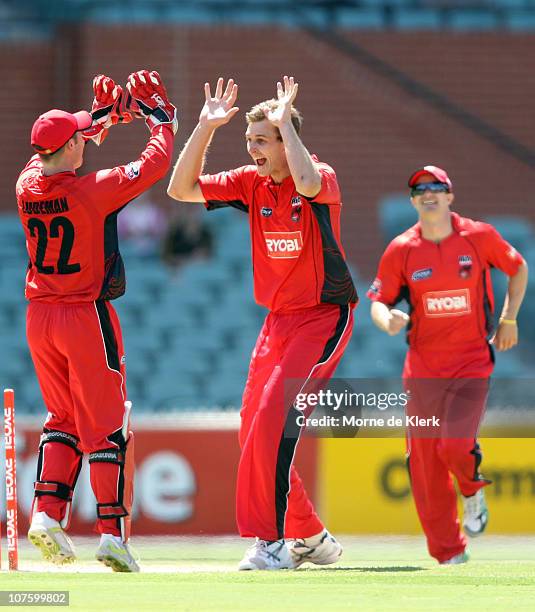 Tim Lang of the Redbacks celebrates getting the wicket of Aaron Finch of the Bushrangers during the Ryobi One Day Cup match between the South...