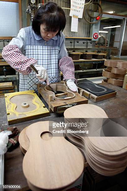 An employee works on a part of an ukulele at the Mitsuba Gakki Co. Factory in Maebashi City, Gunma Prefecture, Japan, on Tuesday, Dec. 14, 2010....