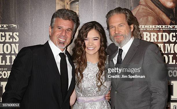 Actors Hailee Steinfeld, Jeff Bridges and guest attend the premiere of "True Grit" at the Ziegfeld Theatre on December 14, 2010 in New York City.