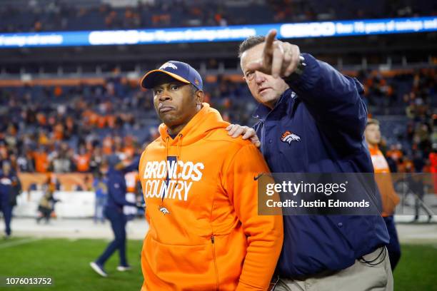 Head coach Vance Joseph of the Denver Broncos walks onto the field after a 23-9 loss against the Los Angeles Chargers at Broncos Stadium at Mile High...