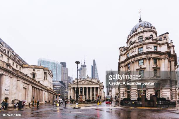 Gloomy rainy day in City of London financial district, London, UK