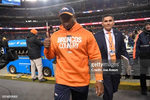 Head coach Vance Joseph of the Denver Broncos gives a thumbs up after losing to the Los Angeles Chargers. The Denver Broncos lost to the Los Angeles...