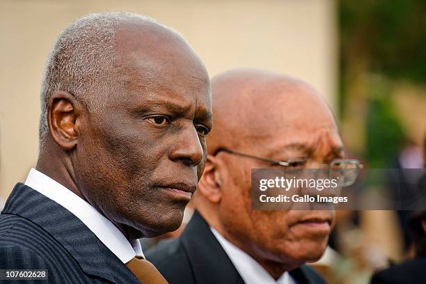 President Jacob Zuma welcomes Angolan president Jose Eduardo dos Santos at Freedom Park on December 14, 2010 in Pretoria, South Africa. President...