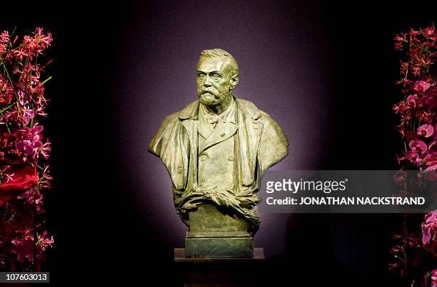 Picture taken on December 10, 2010 shows the statue representing Swedish industrialist Alfred Nobel at the Stockholm Concert Hall in Stockholm....