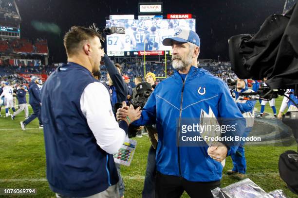 Head coach Frank Reich of the Indianapolis Colts shakes hands with head coach Mike Vrabel of the Tennessee Titans after the Indianapolis Colts beat...