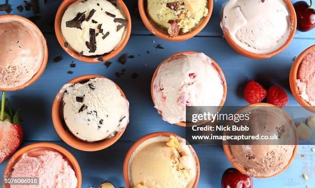 mixed flavoured ice cream pots - mint ice cream stock pictures, royalty-free photos & images