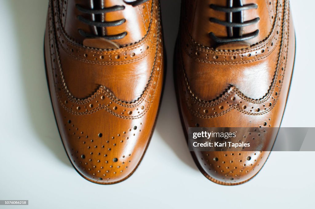 A still life of brown wingtip leather shoes