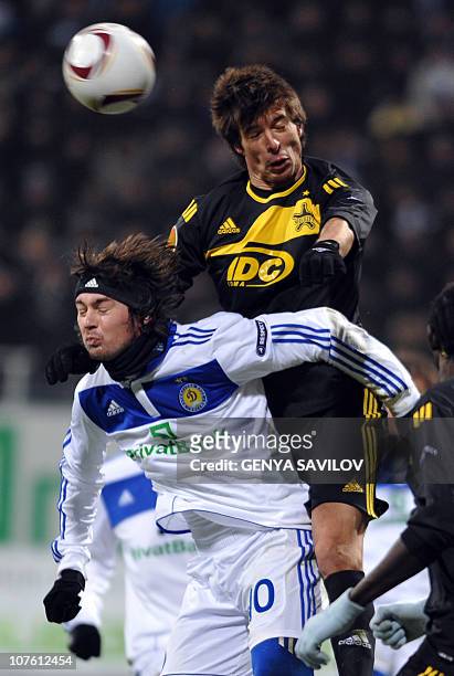 Artem Milevskiy of FC Dynamo Kiev fights for a ball against Vladimir Volkov of FC Sheriff Tyraspol during their UEFA Europa league football match in...