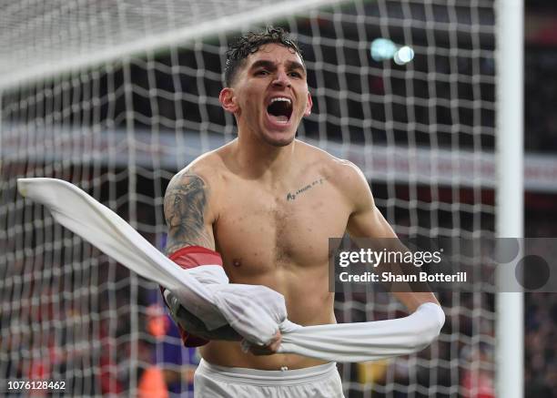 Lucas Torreira of Arsenal celebrates after scoring during the Premier League match between Arsenal FC and Tottenham Hotspur at Emirates Stadium on...