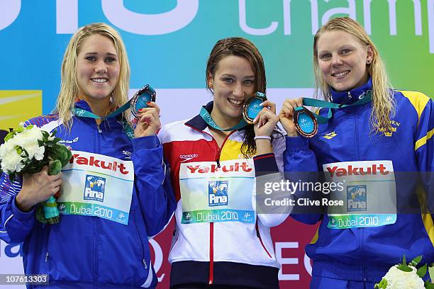 Jemma Lowe of Great Britain, Mireia Garcia Belmonte of Spain and Petra Granlund of Sweden pose on the podium with their medals after the Women's 200m...