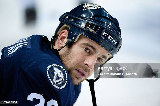 Steve Sullivan of the Nashville Predators looks on against the Florida Panthers during an NHL game on December 11, 2010 at Bridgestone Arena in...
