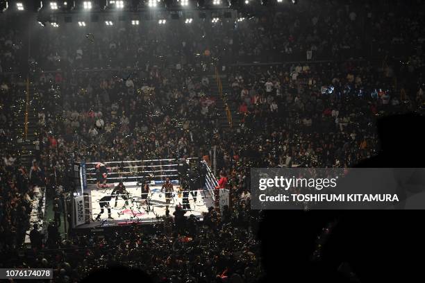 This general view shows US boxing legend Floyd Mayweather Jr after winning the exhibition fight against Kickboxer Tenshin Nasukawa of Japan at...