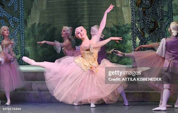 Dancers of Hungarian National Ballet perform on stage of the Erkel Theatre in Budapest on December 31, 2018 during their 100th performance of 'The...