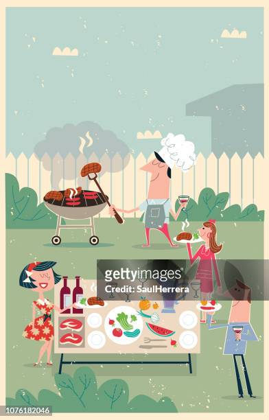 illustrations, cliparts, dessins animés et icônes de réunion de barbecue en plein air - barbecue entre amis