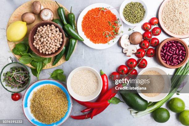 selection of fresh  vegetables and fruits, dry grains and beans - quinoa and chickpeas stock pictures, royalty-free photos & images