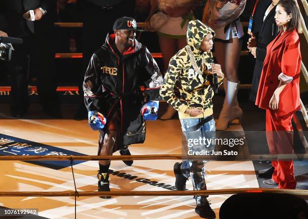 Floyd Mayweather and son Koraun Mayfield arrives the RIZIN. 14 at Saitama Super Arena on December 31, 2018 in Saitama, Japan.