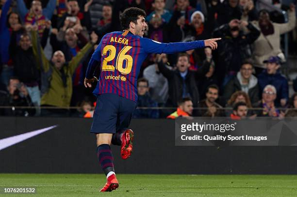 Carles Alena of Barcelona celebrates after scoring his sides second goal during the La Liga match between FC Barcelona and Villarreal CF at Camp Nou...