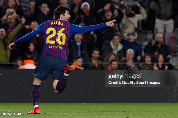 Carles Alena of Barcelona celebrates after scoring his sides second goal during the La Liga match between FC Barcelona and Villarreal CF at Camp Nou...