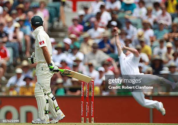 Australian captin Ricky Ponting watches as he is caught by Paul Collingwood of England during day one of the Third Ashes Test match between Australia...