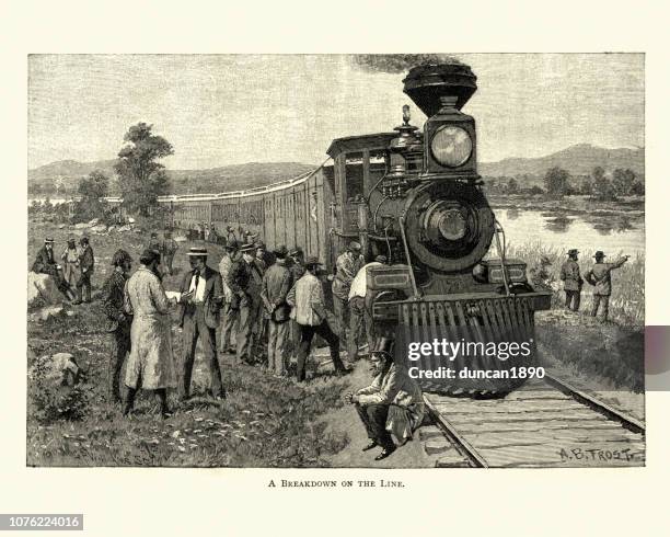 broken down wild west steam train, 19th century - 19th century steam train stock illustrations