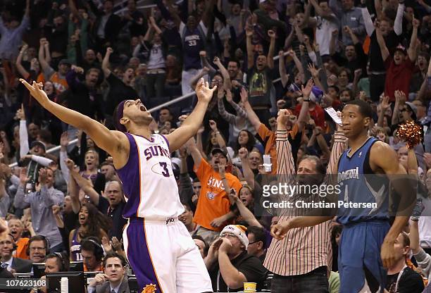 Jared Dudley of the Phoenix Suns reacts after hitting a three point shot over Wesley Johnson of the Minnesota Timberwolves during the NBA game at US...