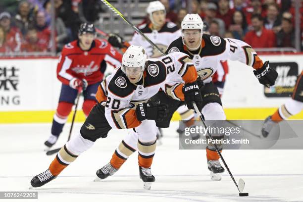 Pontus Aberg of the Anaheim Ducks skates with the puck against the Washington Capitals during the first period at Capital One Arena on December 02,...