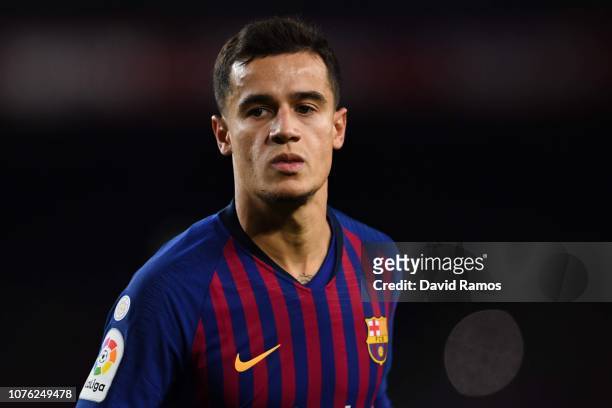 Philippe Coutinho of FC Barcelona looks on during the La Liga match between FC Barcelona and Villarreal CF at Camp Nou on December 02, 2018 in...