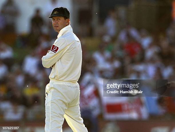 Ricky Ponting of Australia looks on in the field during day one of the Third Ashes Test match between Australia and England at the WACA on December...