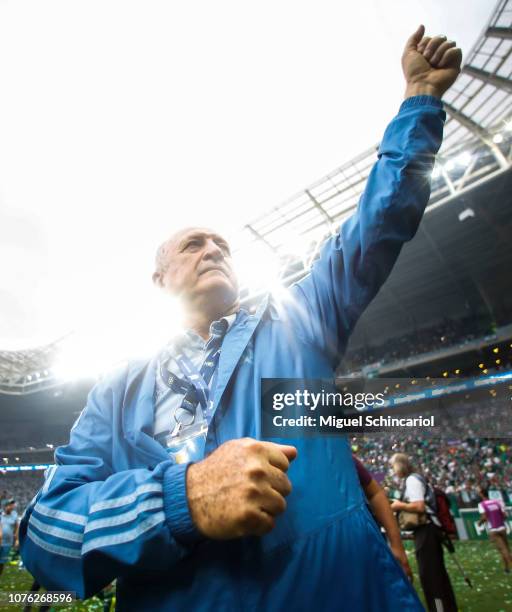 Palmeiras team coach celebrates after winning the Brasileirao 2018 after the match against Vitora at Allianz Parque on December 02, 2018 in Sao...