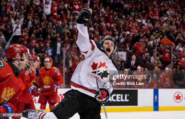 Cody Glass of Canada celebrates after scoring a goal against Russia in Group A hockey action of the 2019 IIHF World Junior Championship on December...