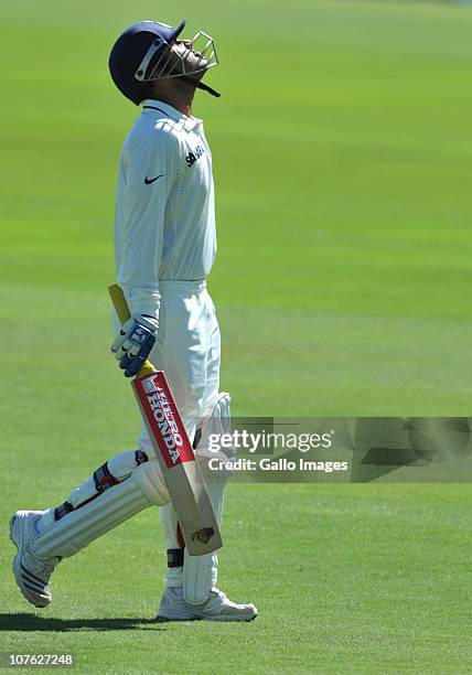 Virender Sehwag of India loses his wicket to Dale Steyn of South Africa, caught by Hashim Amla for a duck, during day 1 of the 1st Test match between...